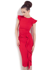 Red Structured Petal Sleeves Midi Dress