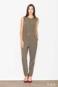 Olive Green Zipper Closure Belted Ladies Jumpsuit