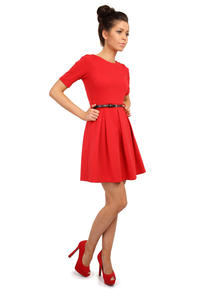 Red Magnanimous Modern Belted Tea-length Dress