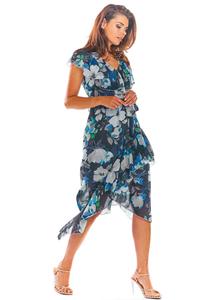 Nevy Blue Envelope Dress Midi in Flowers with a frill