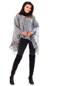 Grey Poncho Sweater with Fringes