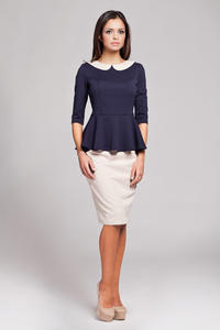 Navy Blue Seam Top with Frilled Hemline and Elbow Length Sleeves