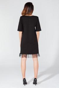 Black 1/2 Sleeves Plain Dress with Tulle Edging