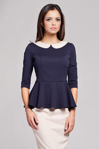 Navy Blue Seam Top with Frilled Hemline and Elbow Length Sleeves