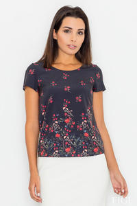 Black Short Sleeves Floral Pattern Blouse