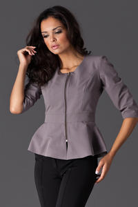 Grey Frilled Hemline Blazer with Front Zipper Fastening