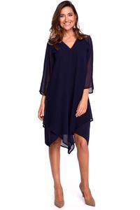 Navy Asymmetrical Double-layer Dress with a Bell Sleeve