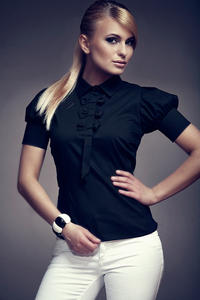 Black Collared Blouse with Bow Details and Pleated Cap Sleeves