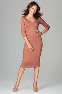 Brown Slim Fit V-Neck Midi Dress