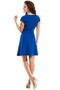 Blue Short Sleeves Belted Mini Dress