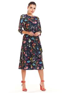 Navy Blue Classic Flared Dress with a Colorful Pattern
