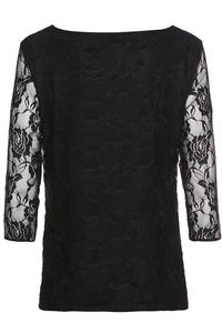 Black Bateau Neckline Floral Lace Blouse with 3/4 Sleeves