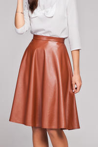 Brown Leather Flared Knee Length Skirt