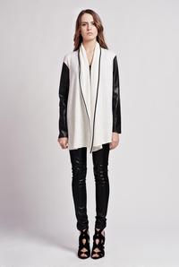 White Stylish Zipper Closure Cardigan with Leather Sleeves