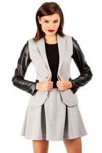 Shawl Collar Flecked Grey Coat with Contrast Stretch Sleeves