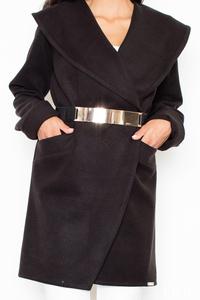 Black Big Collar Short Coat with Gold Belt