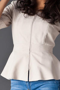 Creamy Frilled Hemline Blazer with Front Zipper Fastening