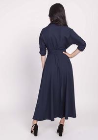 Navy blue flared dress with an envelope neckline