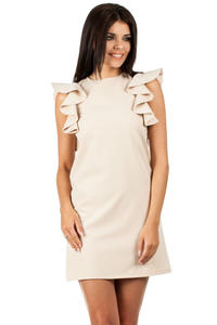 Beige High Neck Shift Dress with Waterfall Shoulders
