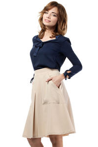 Beige Flared Knee Lenght Skirt with Pockets