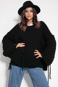 Black Oversize Sweater with Sewn-On Pocket and Fringes