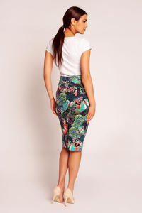 Blue Abstract Printed Midi Pencil Skirt with Back Zipper Fastening