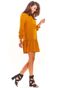 Camel Trapezoid Dress with a Sewn Flounce