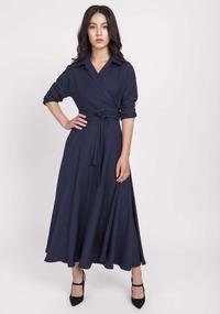 Navy blue flared dress with an envelope neckline