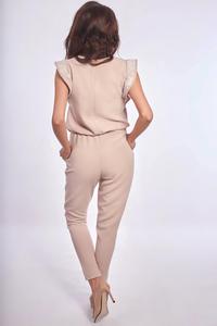 Beige Romantic Tapered Legs Jumpsuit with Frills