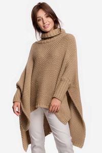 Turtleneck Asymmetrical Poncho-Sweater - Camel