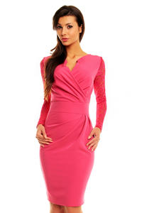 Pink Elegant Lace Sleeves Slim Waist Evening Dress