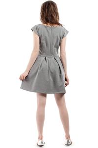 Grey Coctail Pleated V-Neckline Dress