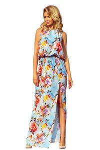 Light Blue Maxi Dress Tied at the Neck in Flowers