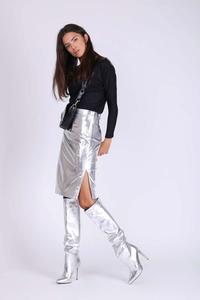 Silver Pencil Skirt of Glittering Fabric with Zipper