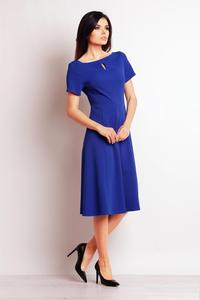 Blue Short Sleeves Flared Midi Dress