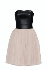 Beige Tulle Prom Dress with Bandeau Leather Bodice