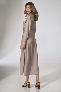 Beige Button Closure Belted Midi Dress