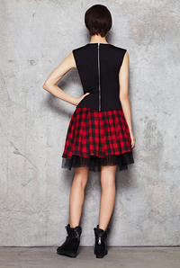 Red and Black Checkered Skirt with Contrast Mesh Lining