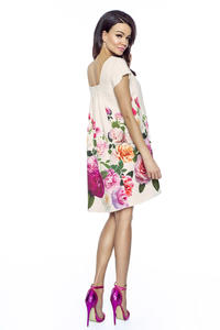 Ecru Flared Dress with Roses Pattern