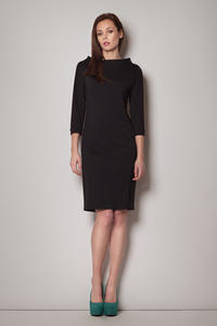Black High Neck Textured Shift Dress with 3/4 Sleeves