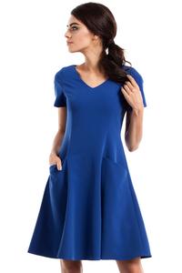 Blue Flared Short Sleeves Dress with Front Pockets