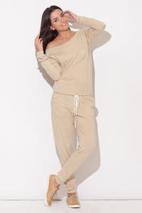 Off the Shoulder Beige Jumpsuit with Pull String Waist
