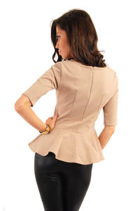 Crew Neck Seamed Frill Hem Coffee Top 