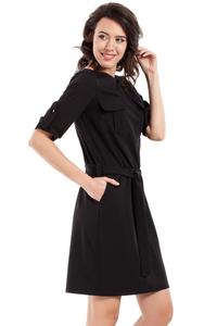 Black Casual Rolled-up Sleeves Mini Dress