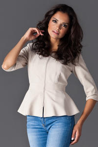 Creamy Frilled Hemline Blazer with Front Zipper Fastening