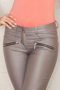 Beige Faux Leather Stretch Skinny Pants with Slant Zipper Pockets