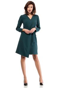 Green Asymmetrical Cut V-Neckline Dress with a Belt