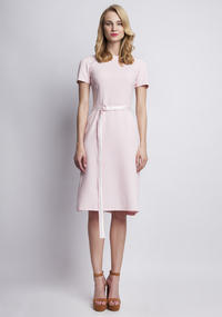 Pink Classic Short Sleeves Midi Dress Belted