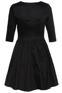 Elbow Sleeve Fit and Flare Black Dress with Lace Front Panels