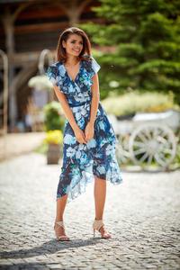 Nevy Blue Envelope Dress Midi in Flowers with a frill